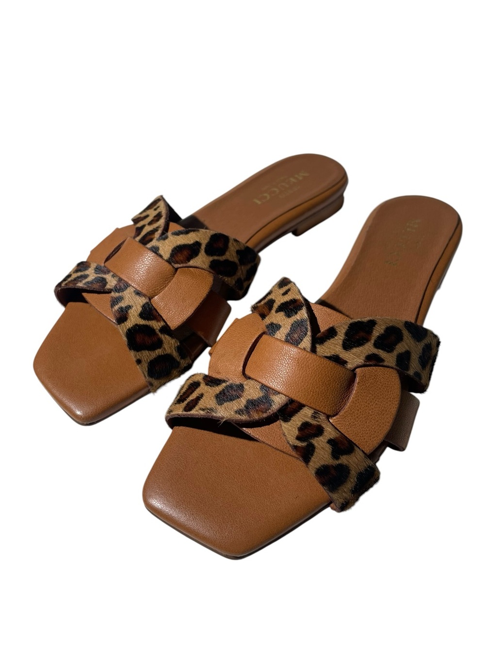 Sesto Meucci Magda Leopard  Brown Leather Slide Sandals Calf Hair Italy Womens 7